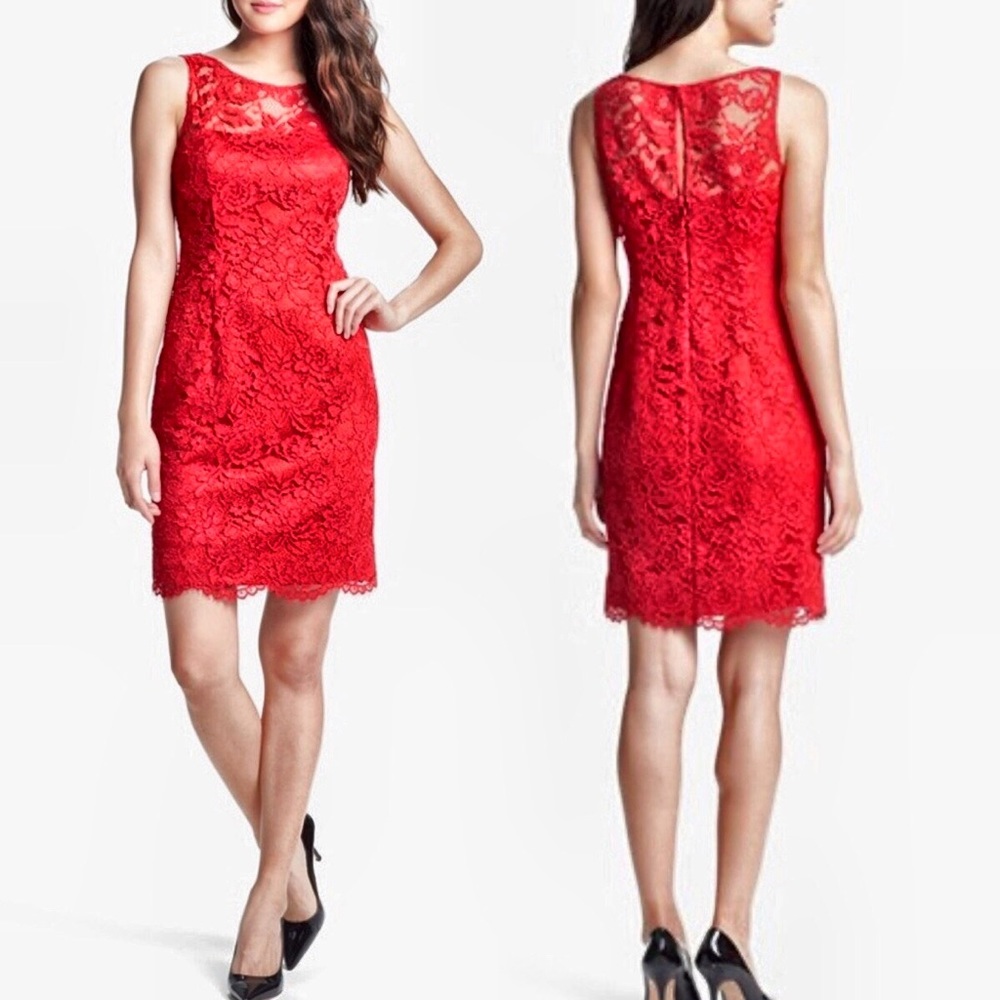 ADRIANNA PAPELL Illusion Neckline Lace SheathDress